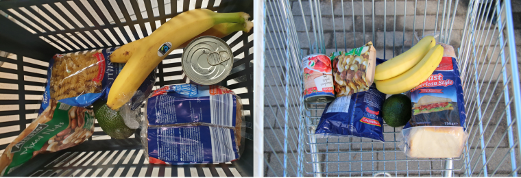 You can get almost identical baskets of groceries in Lidl stores in Finland and Lithuania: the items on the left cost EUR 6.82 in Helsinki; the cart on the right was EUR 6.27 in Vilnius